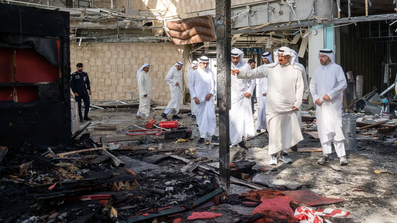 Kuwaiti officials inspect damage inside a terminal at Kuwait International Airport following a drone and missile attack, in Kuwait City, Kuwait, June 3, 2026. Kuwait News Agency/Handout via REUTERS THIS IMAGE HAS BEEN SUPPLIED BY A THIRD PARTY NO RESALES. NO ARCHIVES