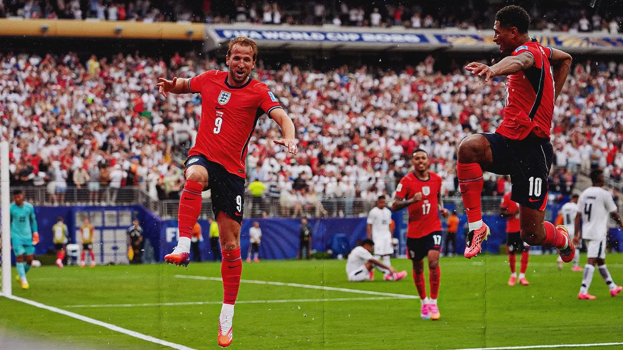 England’s Harry Kane (9) celebrates with England's Jude Bellingham (10) after scoring their second goal during the World Cup Group L soccer match between Panama and England in East Rutherford, N.J., near New York, Saturday, June 27, 2026. (AP Photo/Steve Luciano)