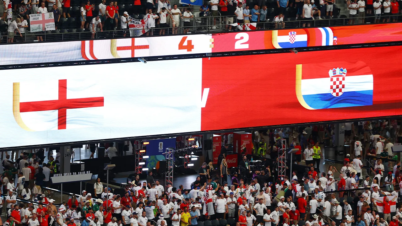 Soccer Football - FIFA World Cup 2026 - Group L - England v Croatia - Dallas Stadium, Arlington, Texas, U.S. - June 17, 2026 General view of a scoreboard in the stands at the end of the match REUTERS/Issei Kato