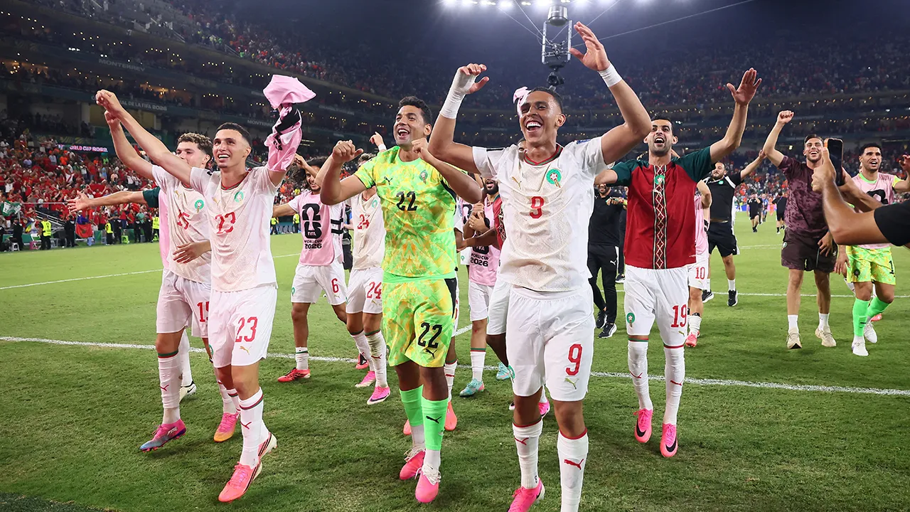 Soccer Football - FIFA World Cup 2026 - Round of 32 - Netherlands v Morocco - Estadio Monterrey, Monterrey, Mexico - June 29, 2026 Morocco's Soufiane Rahimi, Ahmed Reda Tagnaouti and teammates celebrate after the match as Morocco qualify for the Round of 16 stage of the World Cup REUTERS/Eloisa Sanchez TPX IMAGES OF THE DAY