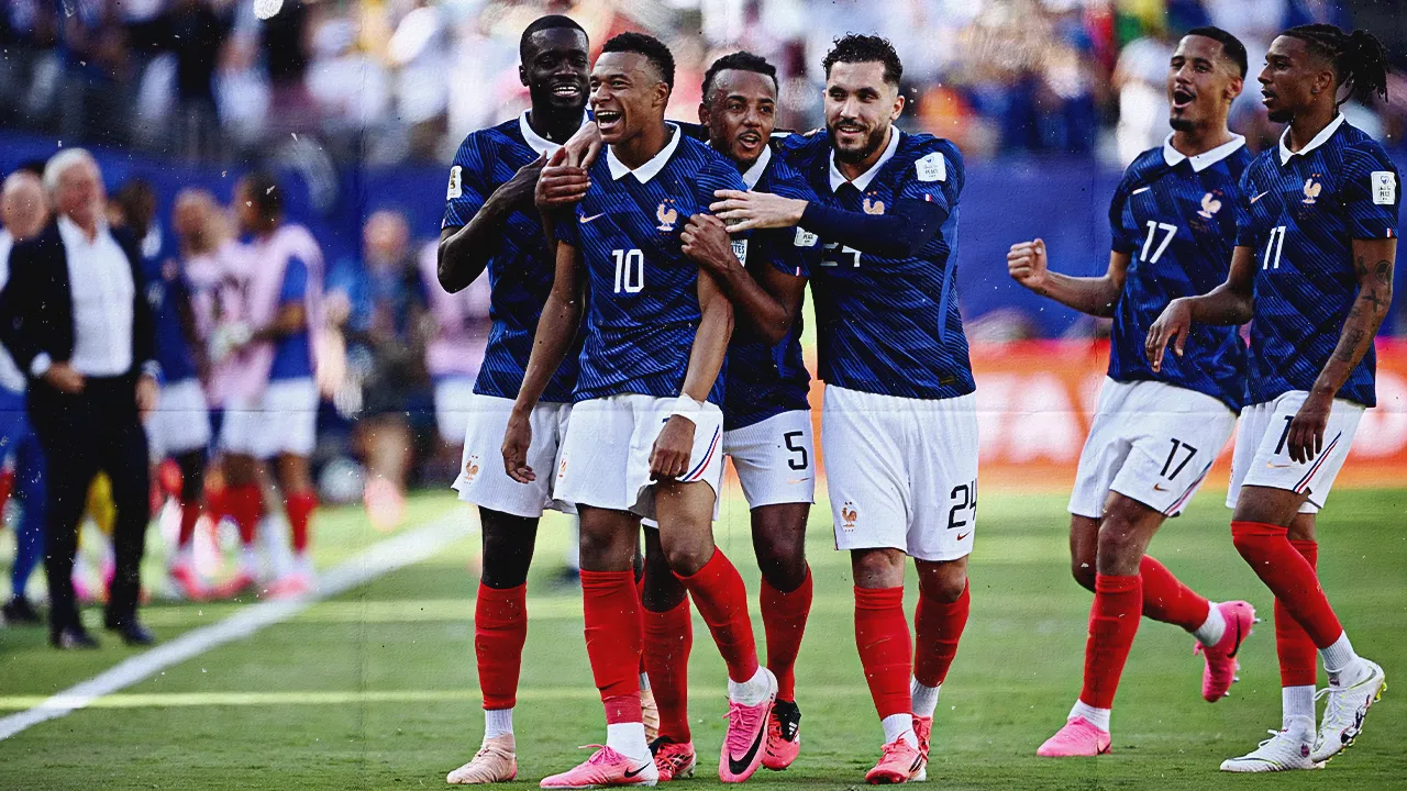 Soccer Football - FIFA World Cup 2026 - Group I - France v Senegal - New York/New Jersey Stadium, East Rutherford, New Jersey, U.S. - June 16, 2026 France's Kylian Mbappe celebrates scoring their third goal with Dayot Upamecano, Jules Kounde, Rayan Cherki, William Saliba and Michael Olise REUTERS/Dylan Martinez