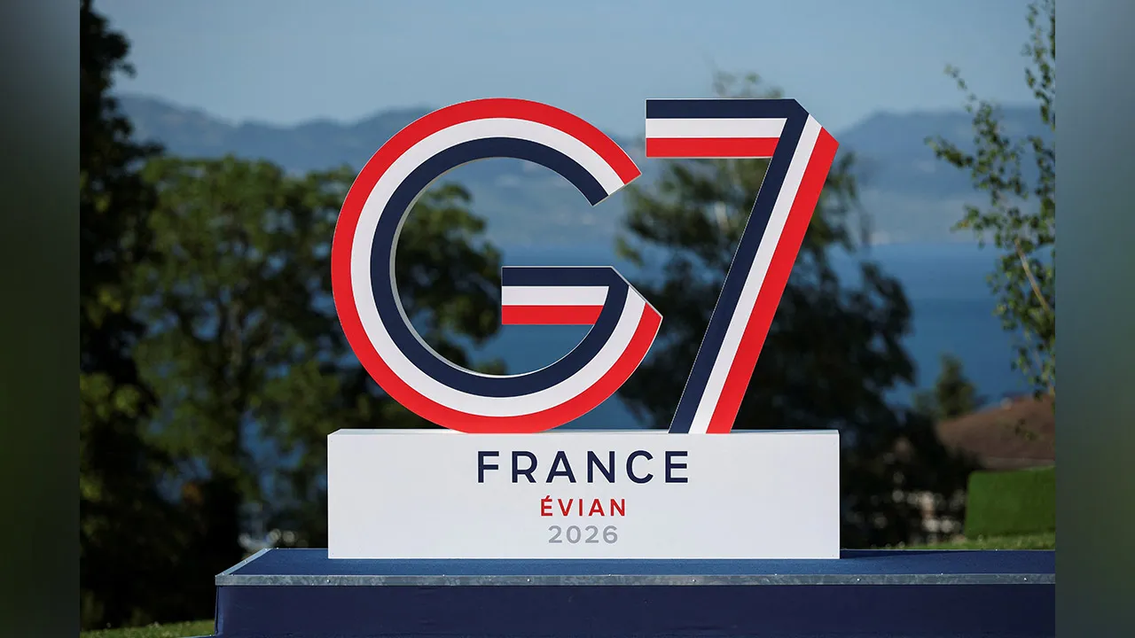 A G7 logo installation during the summit in Evian-les-Bains, France, June 15, 2026. REUTERS/Isabel Infantes/Pool