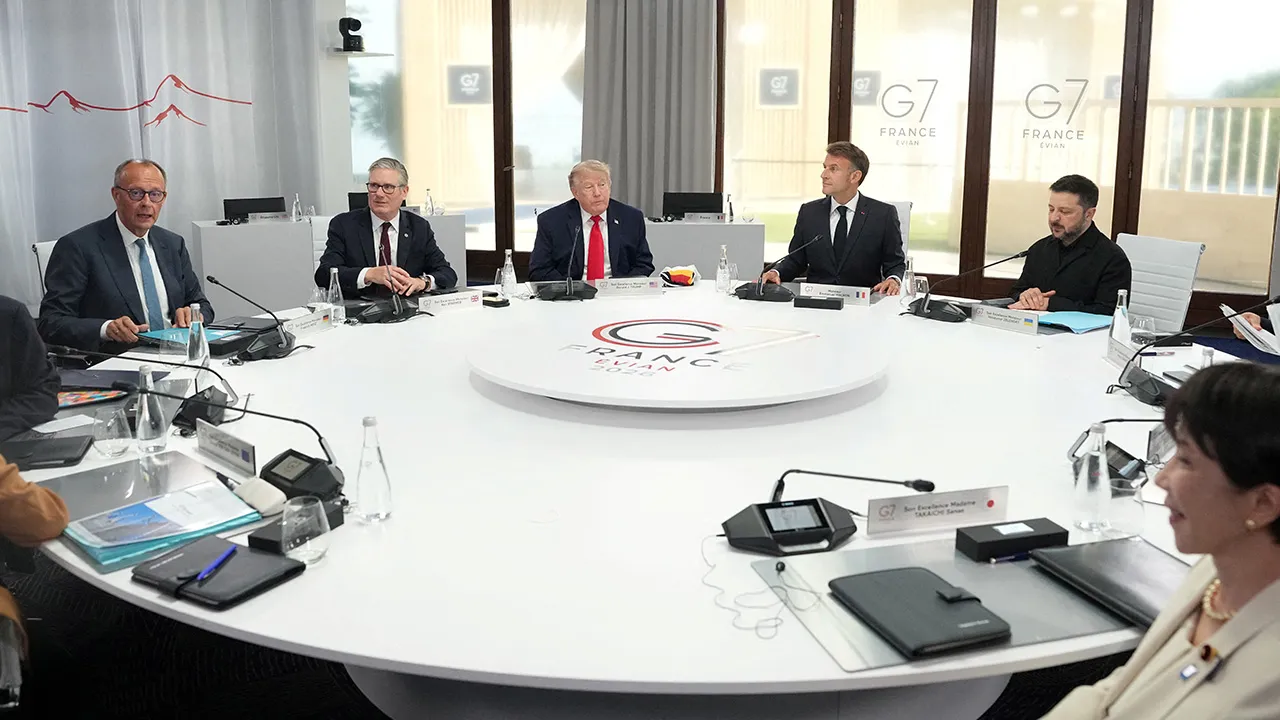 German Chancellor Friedrich Merz, British Prime Minister Keir Starmer, U.S. President Donald Trump, French President Emmanuel Macron, Ukrainian President Volodymyr Zelenskyy and Japan’s Prime Minister Sanae Takaichi during a working session at the G7 summit in Evian-les-Bains, France, June 16, 2026. Thibault Camus/Pool via REUTERS