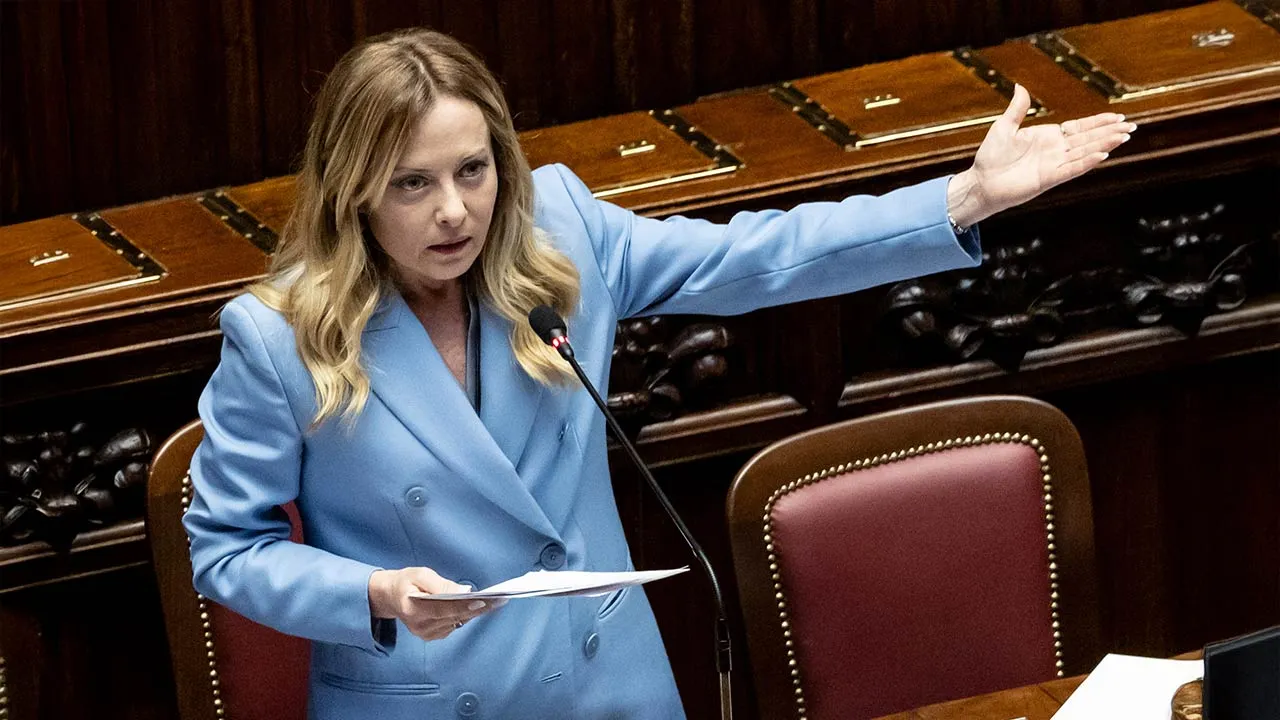 Italian Premier Giorgia Meloni addresses the Chamber of Deputies, at the Italian Parliament in Rome, Thursday June 11, 2026. (Mauro Scrobogna/LaPresse via AP)