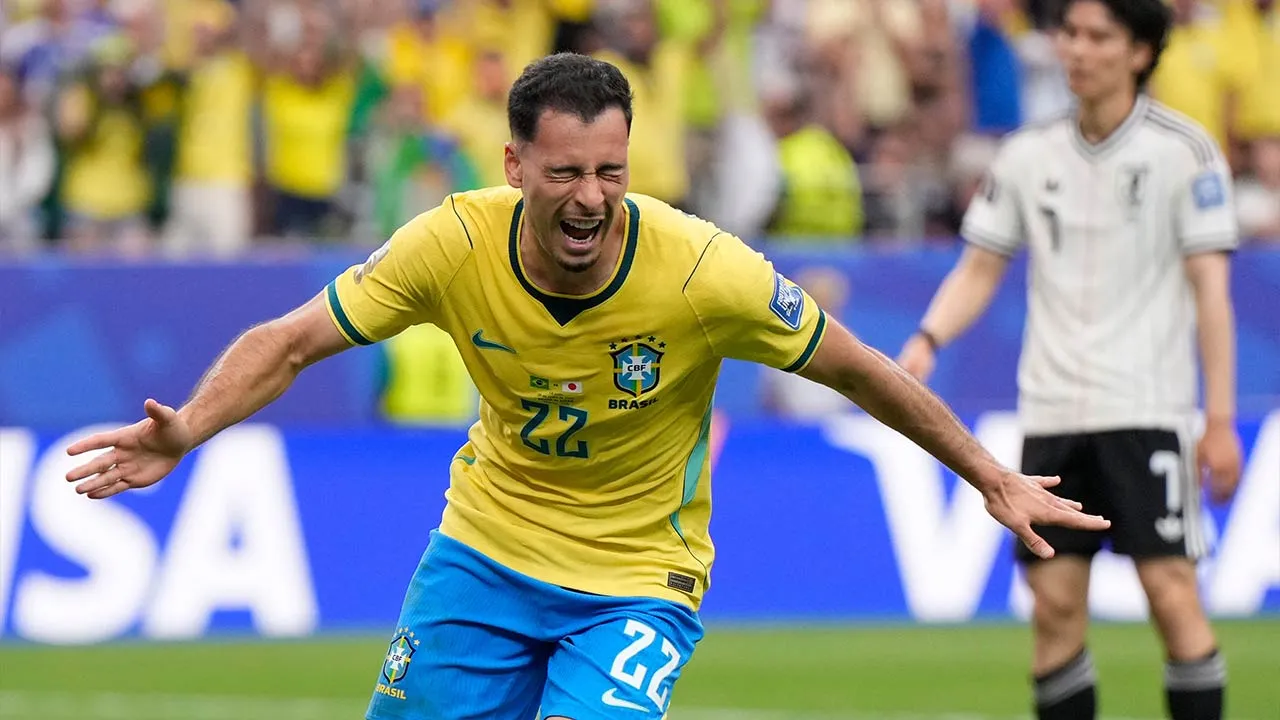 Brazil's Gabriel Martinelli (22) celebrates after scoring his side's second goal during the World Cup round of 32 soccer match between Brazil and Japan in Houston, Monday, June 29, 2026. (AP Photo/Ashley Landis)
