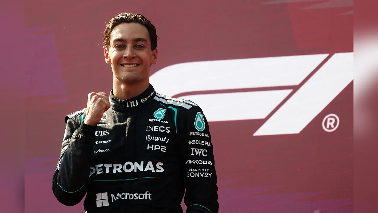 Formula One F1 - Austrian Grand Prix - Red Bull Ring, Spielberg, Austria - June 28, 2026 Mercedes' George Russell celebrates on the podium after winning the Austrian Grand Prix REUTERS/Leonhard Foeger TPX IMAGES OF THE DAY