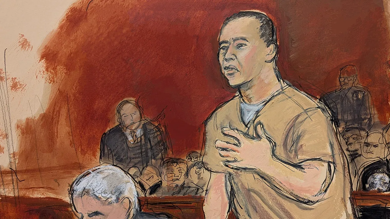 In this courtroom sketch, Guo Wengui, Chinese business tycoon, makes his sentencing statement at Manhattan federal court in New York, Monday, June 29, 2026. (Elizabeth Williams via AP)