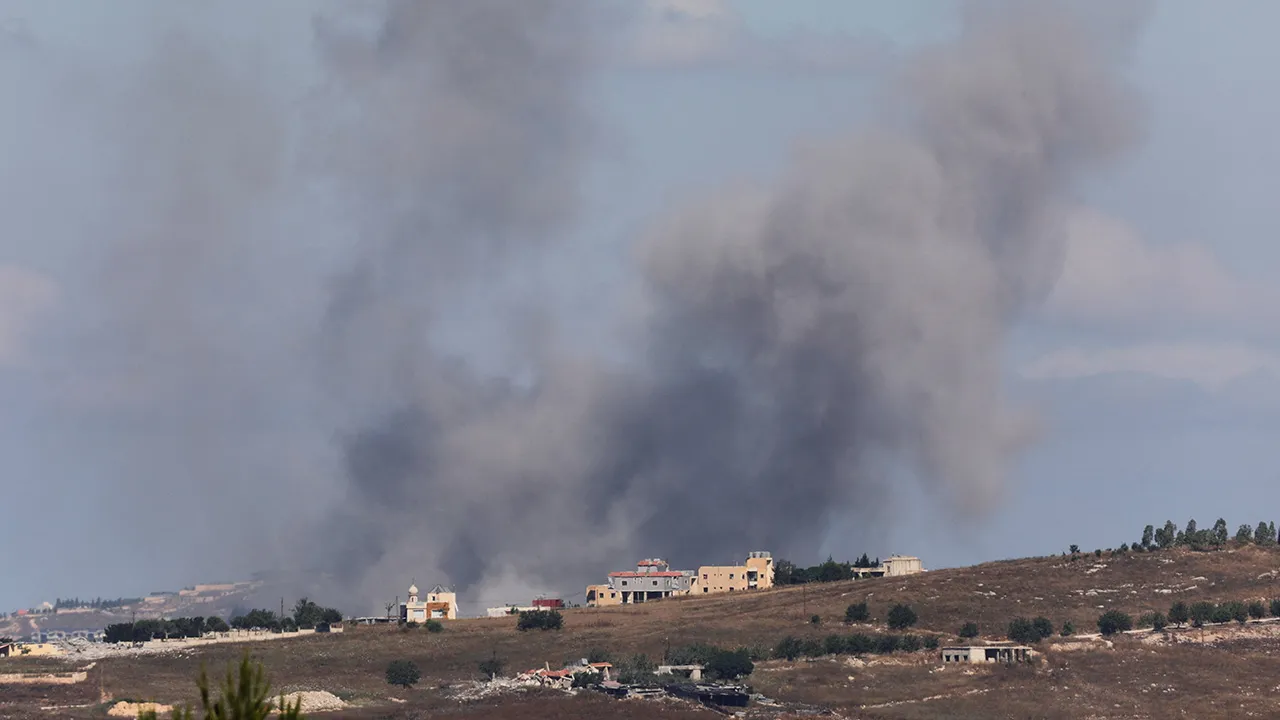 Smoke billows from southern Lebanon following an Israeli strike, as seen from Marjayoun, Lebanon, June 19, 2026. REUTERS/Stringer