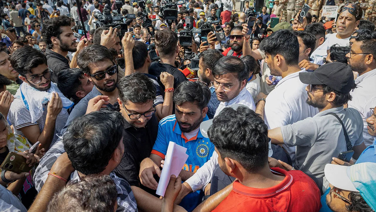 Abhijeet Dipke, head of the Cockroach Janta Party (CJP), leaves after attending a sit-in protest demanding the resignation of Indian Education Minister Dharmendra Pradhan, in New Delhi, India, June 6, 2026. REUTERS/Adnan Abidi