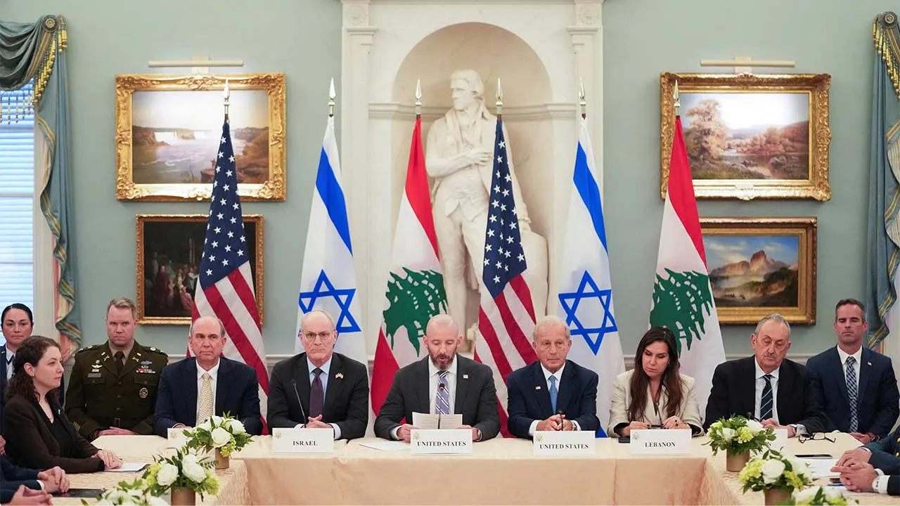 State Department Chief of Staff Daniel Holler speaks as Israeli Ambassador to the U.S. Yechiel Leiter and Lebanese Ambassador to the U.S. Nada Hamadeh, accompanied by U.S. Ambassador to Lebanon Michel Issa, attend a meeting between Israeli and Lebanese delegations hosted by the United States, after the Trump administration said Israel and Lebanon agreed to implement a ceasefire to end hostilities, at the State Department in Washington, D.C., U.S., June 3, 2026. REUTERS/Nathan Howard