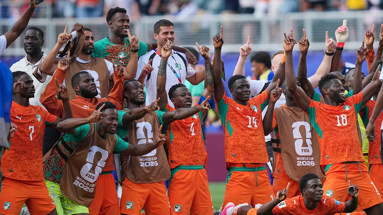 Ivory Coast players celebrate at the end of the World Cup Group E soccer match between Curacao and Ivory Coast in Philadelphia, Thursday, June 25, 2026. (AP Photo/Matt Rourke)
