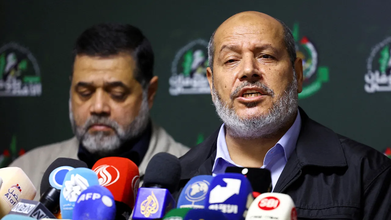 FILE PHOTO: Hamas officials, Khalil Al-Hayya and Osama Hamdan, attend a press conference in Beirut, Lebanon, November 21, 2023. REUTERS/Esa Alexander/File Photo
