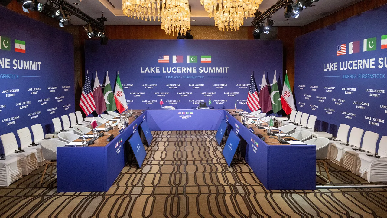 The Meeting Room at Lake Lucerne Summit at the Buergenstock resort in Obbuergen, near Lucerne, Switzerland, Sunday, June 21, 2026. URS FLUEELER/Pool via REUTERS