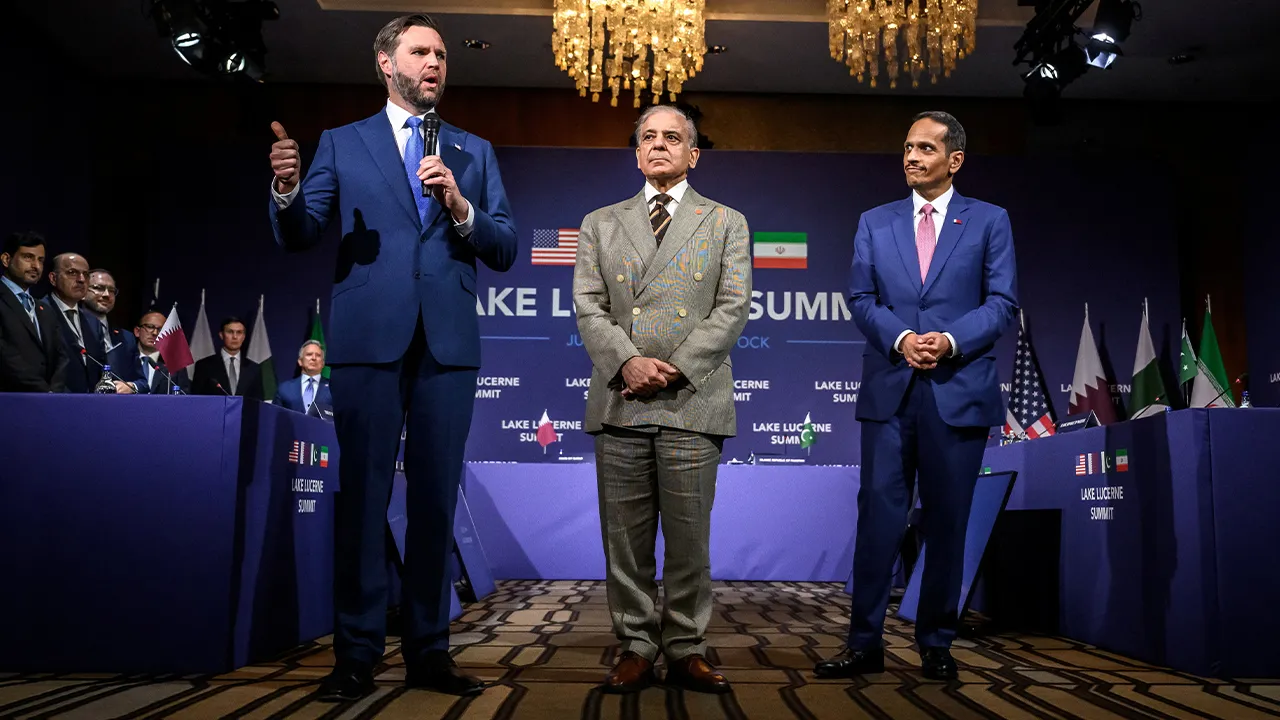 U.S. Vice President JD Vance speaks next to Pakistan's Prime Minister Shehbaz Sharif and Qatar's Prime Minister Sheikh Mohammed bin Abdulrahman bin Jassim al-Thani prior to a quadrilateral meeting between the United States, Iran, Pakistan and Qatar at the Burgenstock luxury hotel complex overlooking Lake Lucerne, Switzerland, on June 21, 2026. Fabrice Coffrini/Pool via REUTERS