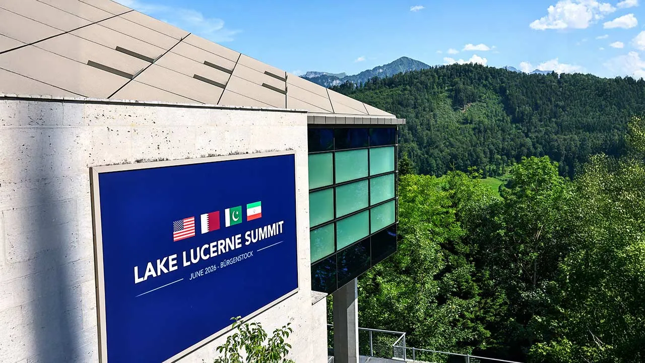 A poster for the Lake Lucerne Summit is displayed at the Buergenstock Resort, on the day of U.S.-Iran talks, in Stansstad, Switzerland, June 21, 2026. REUTERS/Denis Balibouse