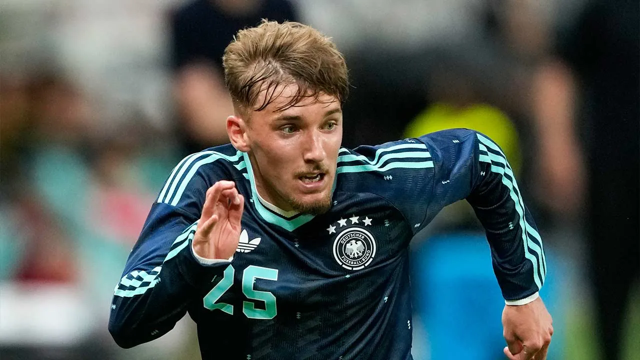 FILE_ Germany's Lennart Karl,in action during the friendly soccer match between Germany and Finland in Mainz, Germany, Sunday, May 31, 2026. (AP Photo/Michael Probst, File)