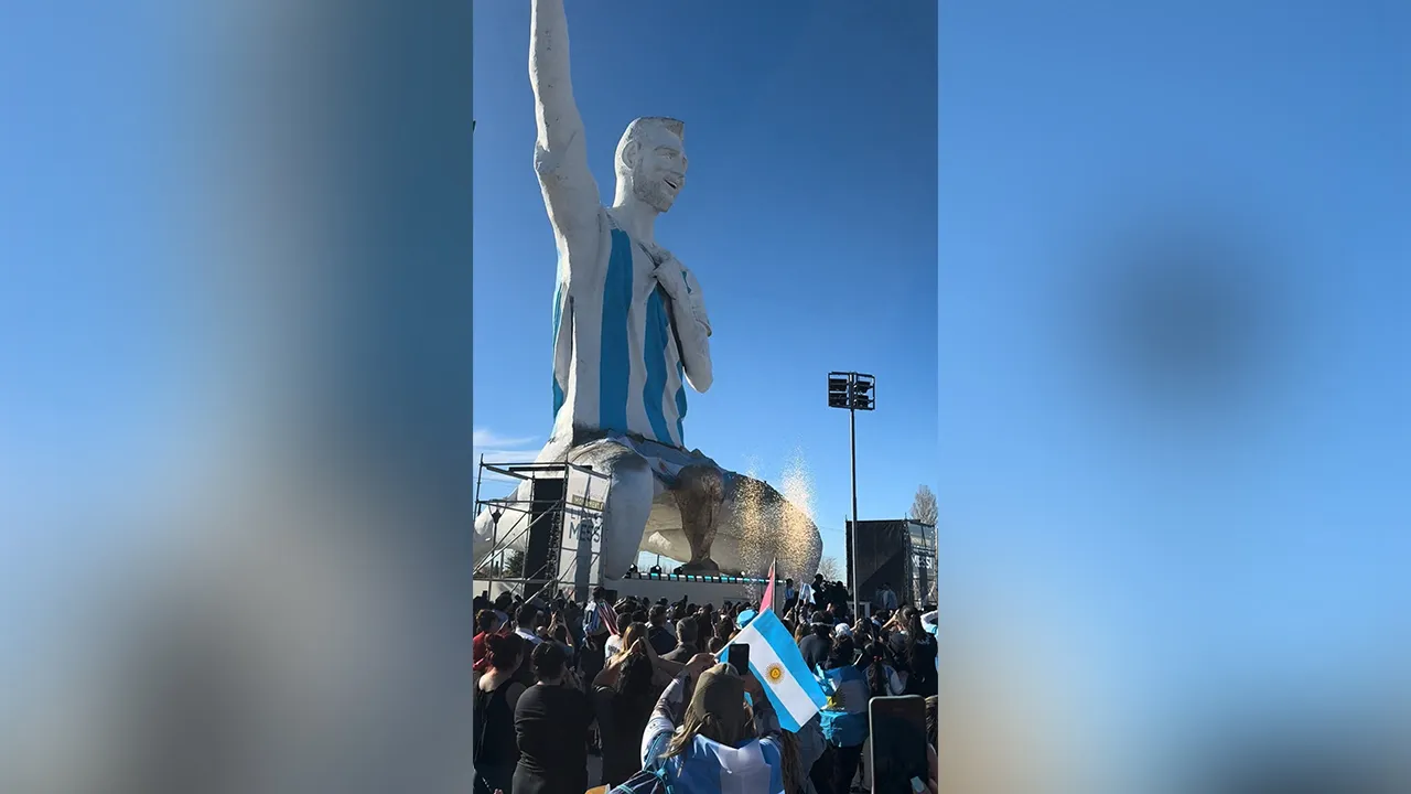 People are gathered near a statue of Lionel Messi in Neuquen Province, Argentina, June 16, 2026, in this screen grab obtained from a social media video. Carlos Martinez/via REUTERS THIS IMAGE HAS BEEN SUPPLIED BY A THIRD PARTY. MANDATORY CREDIT. NO RESALES. NO ARCHIVES. Verification: - Date and location verified by original file metadata and corroborating visuals.