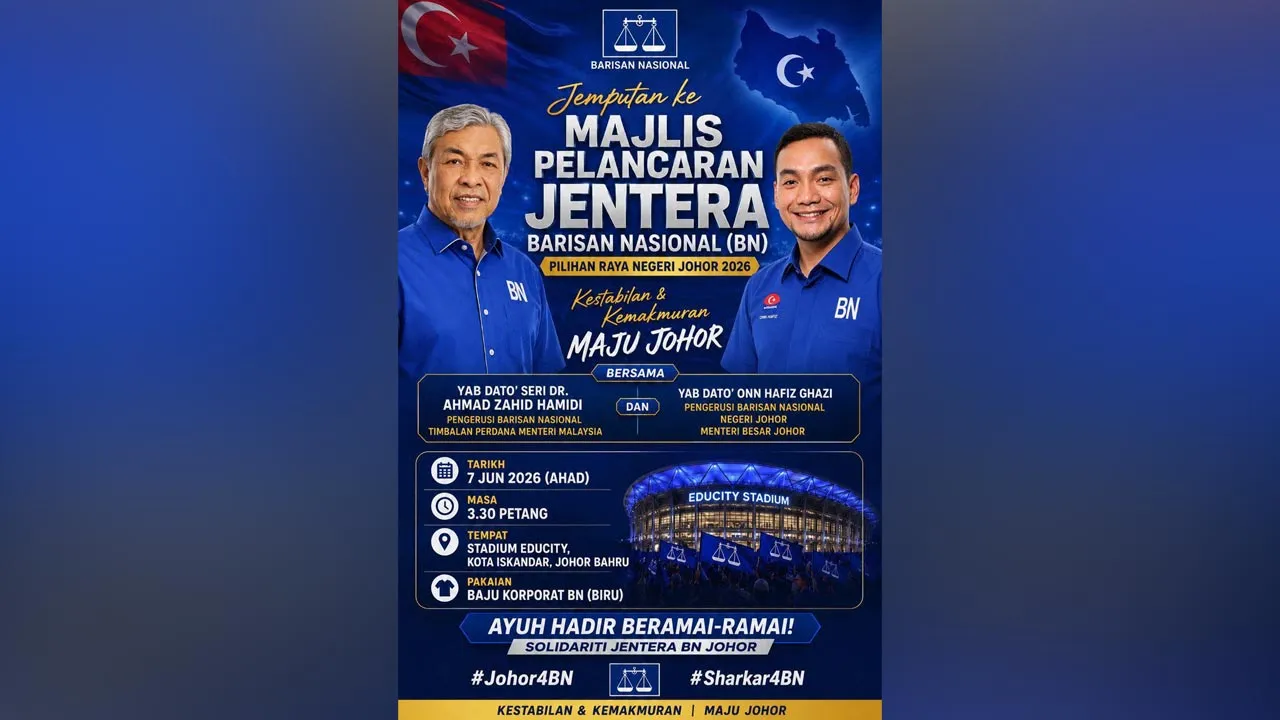 Marilah kita bersama-sama hadir memeriahkan Majlis Pelancaran Jentera Barisan Nasional (BN) PRN Johor 2026 sebagai tanda sokongan dan solidariti kepada kepimpinan yang telah membawa kestabilan, kemakmuran serta pembangunan berterusan kepada negeri Johor. -- FB Israk Abdullah