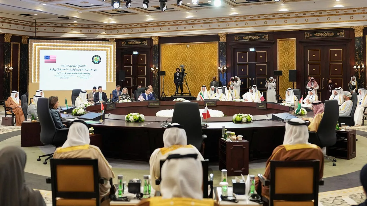 U.S. Secretary of State Marco Rubio speaks during a meeting with foreign ministers of the Gulf Cooperation Council Member States at The Ritz-Carlton Bahrain during Rubio's visit to the Middle East to discuss the interim deal between the U.S. and Iran with Arab Gulf allies, in Manama, Bahrain, June 25, 2026. REUTERS/Eric Lee/Pool