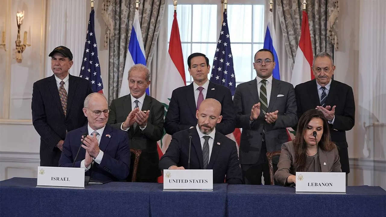 U.S. Secretary of State Marco Rubio and Israel's Ambassador to the U.S. Yechiel Leiter applaud after signing a framework agreement between Israel and Lebanon with State Department Counselor Daniel Holler, and Lebanon's Ambassador to the U.S. Nada Hamadeh, at the State Department in Washington, D.C., U.S., June 26, 2026. REUTERS/Ken Cedeno