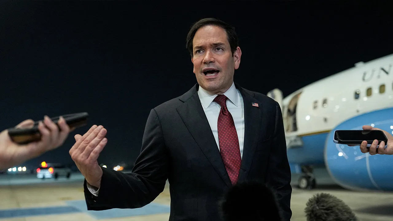 U.S. Secretary of State Marco Rubio speaks to the media upon his arrival at Al Bateen Executive Airport to discuss the interim deal between the U.S. and Iran with Arab Gulf allies, in Abu Dhabi, United Arab Emirates, June 23, 2026. REUTERS/Eric Lee/Pool