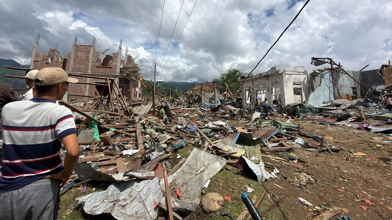 This photo provided by Ta'ang women organization shows debris caused by an explosion Namhkam township, Shan State, Myanmar, Sunday, May 31, 2026. (Ta'ang women organization via AP)