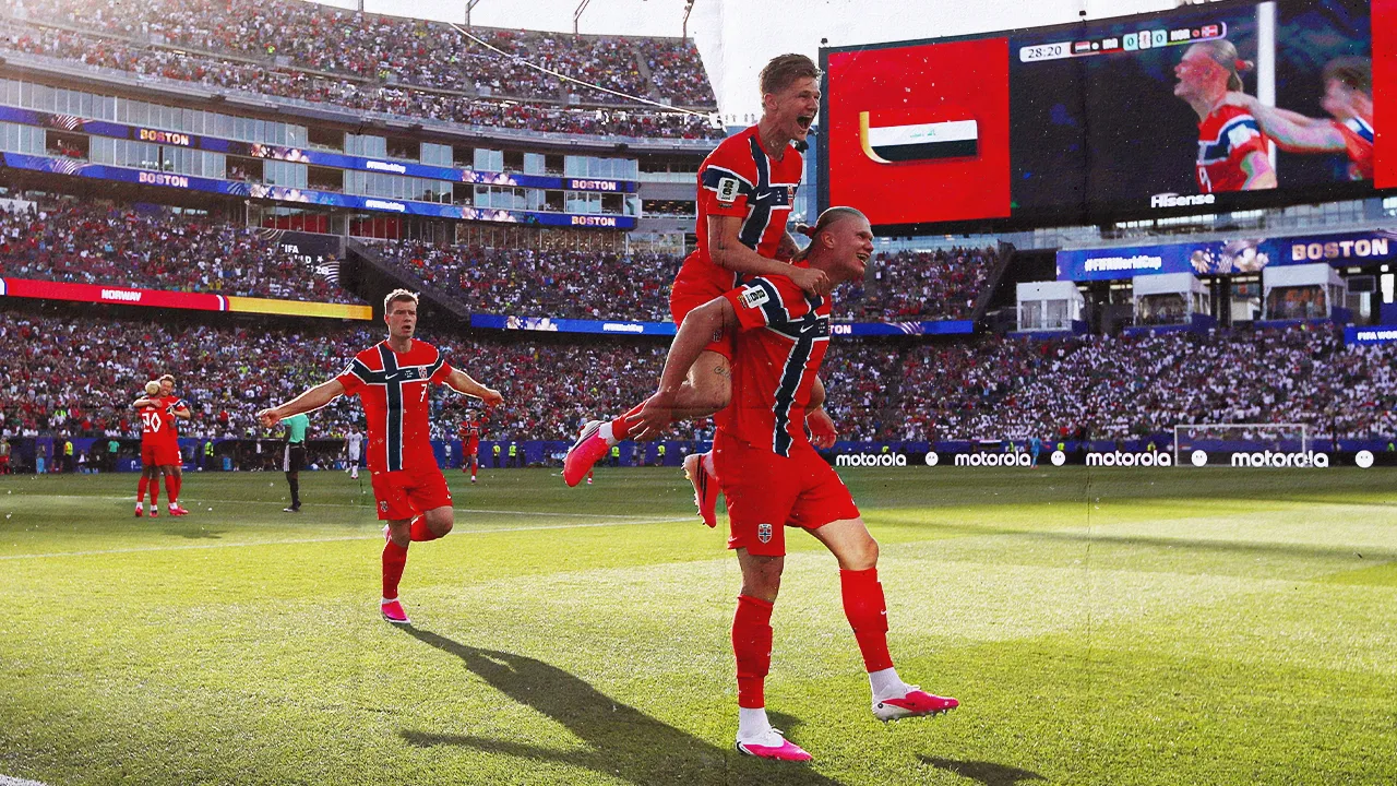 Soccer Football - FIFA World Cup 2026 - Group I - Iraq v Norway - Boston Stadium, Foxborough, Massachusetts, U.S. - June 16, 2026 Norway's Erling Haaland celebrates scoring their first goal with Alexander Sorloth and David Moller Wolfe IMAGN IMAGES via Reuters/Paul Rutherford TPX IMAGES OF THE DAY