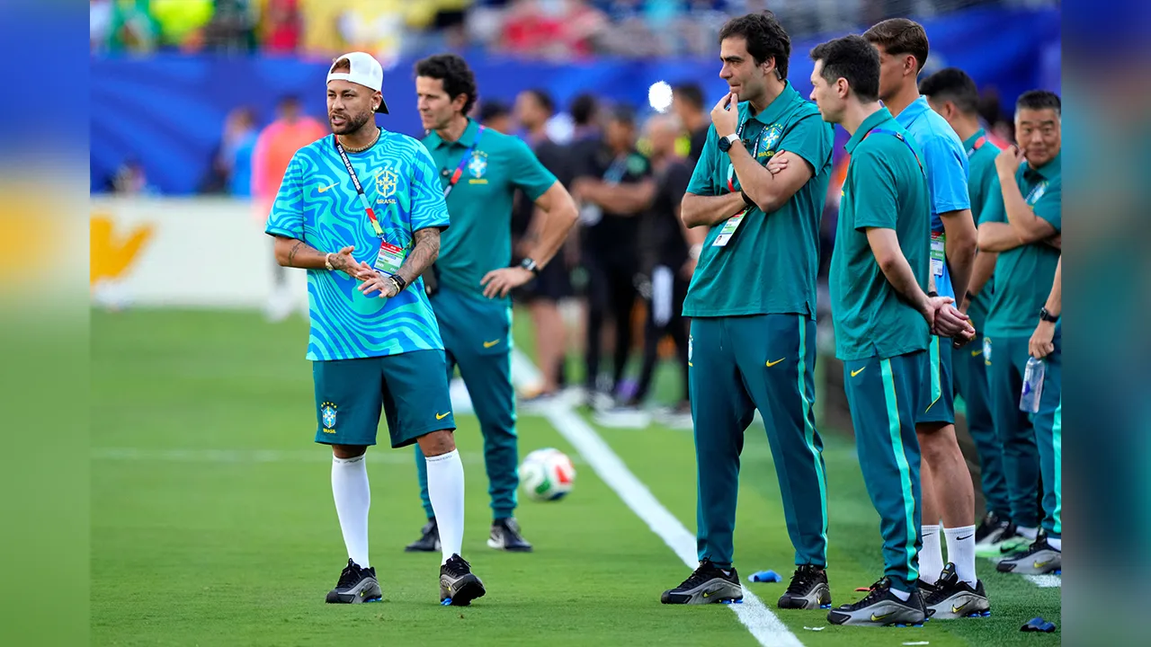 Brazil's Neymar, left, looks on before the World Cup Group C soccer match between Brazil and Morocco in East Rutherford, N.J., near New York, Saturday, June 13, 2026. (AP Photo/Yuki Iwanmura)