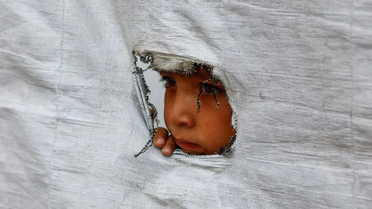 A displaced Palestinian boy peers through a tear in a tent wall, in Gaza City, May 6, 2026. REUTERS/Mahmoud Issa/ File Photo