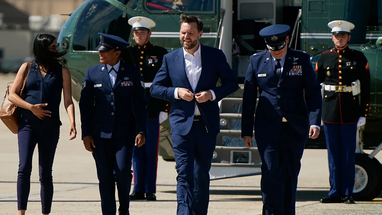 U.S. Vice President J.D. Vance disembarks Marine Two as he arrives at Joint Base Andrews, Maryland, U.S., June 20, 2026. REUTERS/Elizabeth Frantz/Pool