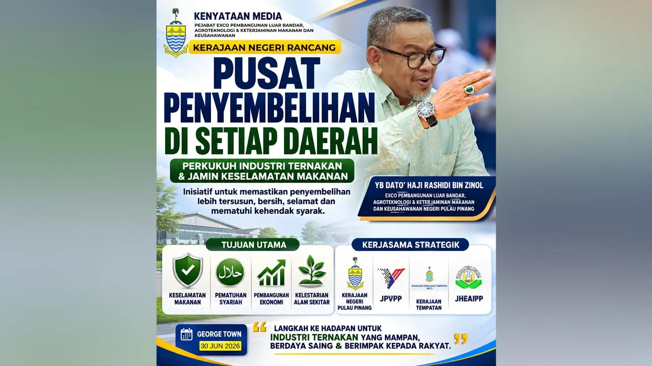 Kerajaan Negeri Pulau Pinang komited untuk terus memperkukuh sektor agromakanan melalui perancangan mewujudkan Pusat Penyembelihan Berpusat di setiap daerah sebagai satu inisiatif strategik demi memastikan industri ternakan negeri terus berkembang secara mampan dan berdaya saing. -- YB Dato’ Haji Rashidi Zinol