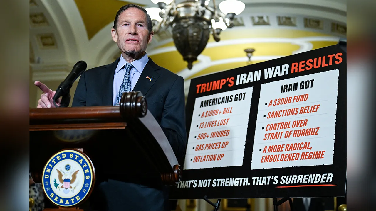 U.S. Senator Richard Blumenthal (D-CT) speaks as Senate Democratic leaders hold a press conference following their weekly policy lunch on Capitol Hill in Washington, D.C., U.S., June 23, 2026. REUTERS/Annabelle Gordon