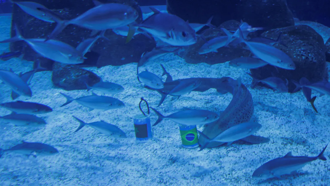 Ritinha, a shark at the Rio de Janeiro Aquarium, predicts victory of Brazil during the World Cup opening match against Morocco at Rio de Janeiro Aquarium, Brazil, June 3, 2026. REUTERS/Ricardo Moraes