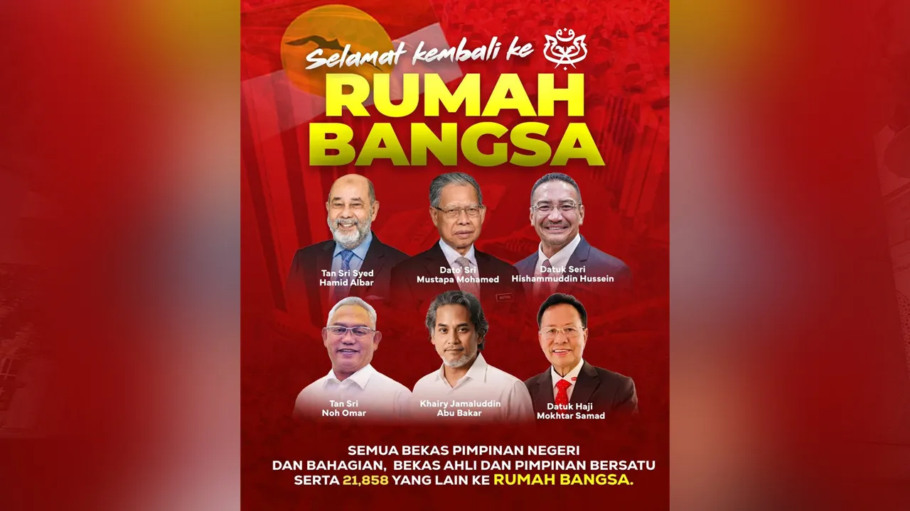 SELAMAT DATANG DAN KEMBALI KEPADA 21,858 KE RUMAH BANGSA!  Sejak secara rasmi pendaftaran secara atas talian dibuka pada 20 April 2026, sehingga Mesyuarat Majlis Kerja Tertinggi UMNO 10 Jun 2026, dalam tempoh tidak sampai dua bulan, pendaftaran ahli baharu dan kemasukan kembali bekas-bekas pimpinan dan ahli-ahli parti UMNO termasuk pimpinan parti Bersatu seluruh Malaysia berjumlah 21,858.