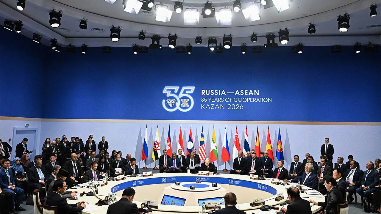 Russian President Vladimir Putin, center, attends the Russia-ASEAN summit in Kazan, Russia, Thursday, June 18, 2026. (Kristina Solovyova/Sputnik, Kremlin Pool Photo via AP)