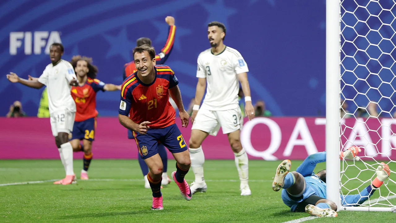 Soccer Football - FIFA World Cup 2026 - Group H - Spain v Saudi Arabia - Atlanta Stadium, Atlanta, Georgia, U.S. - June 21, 2026 Spain's Mikel Oyarzabal celebrates scoring their third goal REUTERS/Claudia Greco
