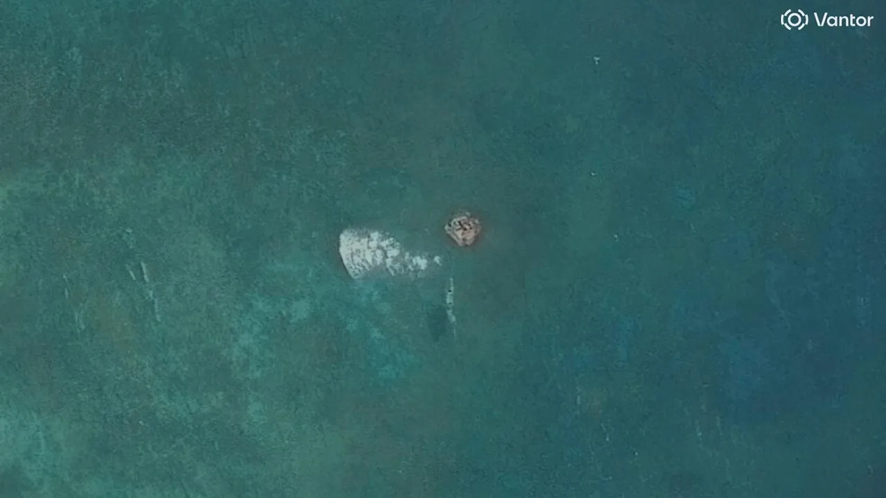 A satellite image shows a possible raft at the opening to Scarborough Shoal, in the South China Sea, May 30, 2026. Vantor/Handout via REUTERS