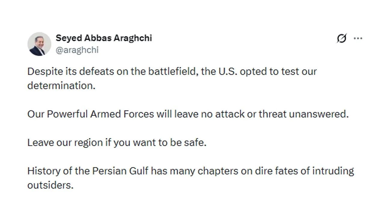 SCREENSHOT OF SOCIAL MEDIA POST BY IRANIAN FOREIGN MINISTER ABBAS ARAQCHI  -- X
