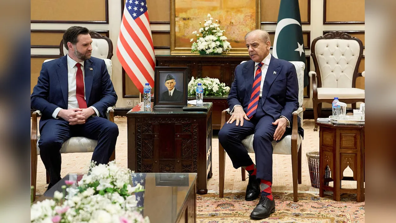 Vice President JD Vance meets with Pakistan’s Prime Minister Shehbaz Sharif to talk about Iran, April 11, 2026, in Islamabad. Jacquelyn Martin/Pool via REUTERS Purchase Licensing Rights