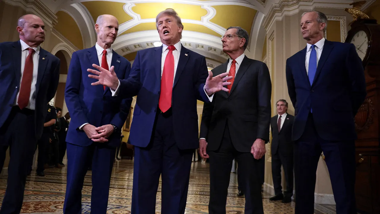 U.S. President Donald Trump speaks to reporters next to U.S. Senate Majority Leader John Thune (R-SD), U.S. Senator Rick Scott (R-FL), U.S. Senator Mike Lee (R-UT) and U.S. Senate Majority Whip John Barrasso (R-WY) on the day of a Senate Steering Committee Lunch on Capitol Hill in Washington, D.C., U.S., June 24, 2026. REUTERS/Evelyn Hockstein