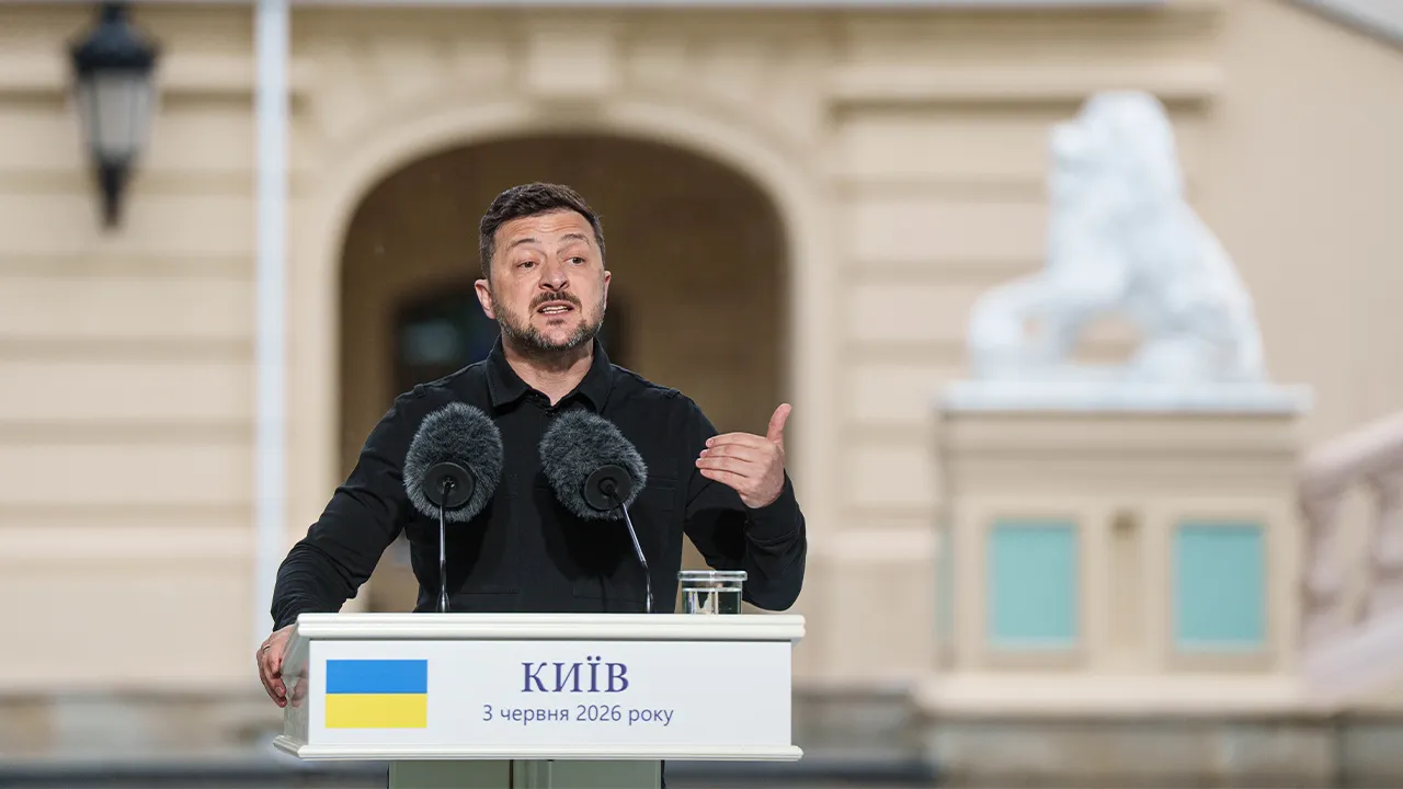 Ukraine's President Volodymyr Zelenskyy speaks to journalists during a joint press conference with NATO Secretary General Mark Rutte in Kyiv, Ukraine, on Wednesday, June 3, 2026. (AP Photo/Evgeniy Maloletka)