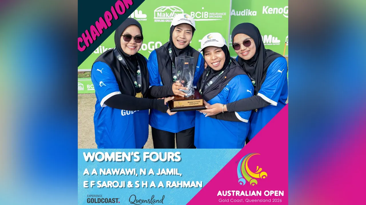 Congratulations to the 𝟮𝟬𝟮𝟲 𝗔𝘂𝘀𝘁𝗿𝗮𝗹𝗶𝗮𝗻 𝗢𝗽𝗲𝗻 𝗪𝗼𝗺𝗲𝗻’𝘀 𝗙𝗼𝘂𝗿𝘀 𝗰𝗵𝗮𝗺𝗽𝗶𝗼𝗻𝘀 – 𝗔𝗹𝗲𝗲𝗻𝗮 𝗔𝗵𝗺𝗮𝗱 𝗡𝗮𝘄𝗮𝘄𝗶, 𝗡𝘂𝗿𝘂𝗹 𝗔𝗹𝘆𝗮𝗻𝗶 𝗝𝗮𝗺𝗶𝗹, 𝗘𝗺𝗺𝗮 𝗙𝗶𝗿𝘆𝗮𝗻𝗮 𝗦𝗮𝗿𝗼𝗷𝗶, 𝗦𝘆𝗮𝗳𝗶𝗾𝗮 𝗛𝗮𝗶𝗱𝗮𝗿 𝗔𝗳𝗶𝗳 𝗔𝗯𝗱𝘂𝗹 𝗥𝗮𝗵𝗺𝗮𝗻 – and well done to the runners-up for a cracking final on the Broadbeach greens!