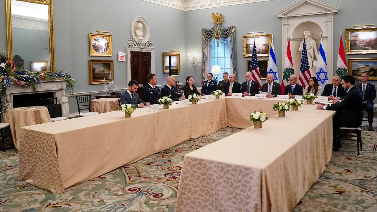 Israeli Ambassador to the U.S. Yechiel Leiter and Lebanese Ambassador to the U.S. Nada Hamadeh, accompanied by State Department Chief of Staff Daniel Holler and U.S. Ambassador to Lebanon Michel Issa, attend a meeting between Israeli and Lebanese delegations hosted by the United States, after the Trump administration said Israel and Lebanon agreed to implement a ceasefire to end hostilities, at the State Department in Washington, D.C., U.S., June 3, 2026. REUTERS/Nathan Howard