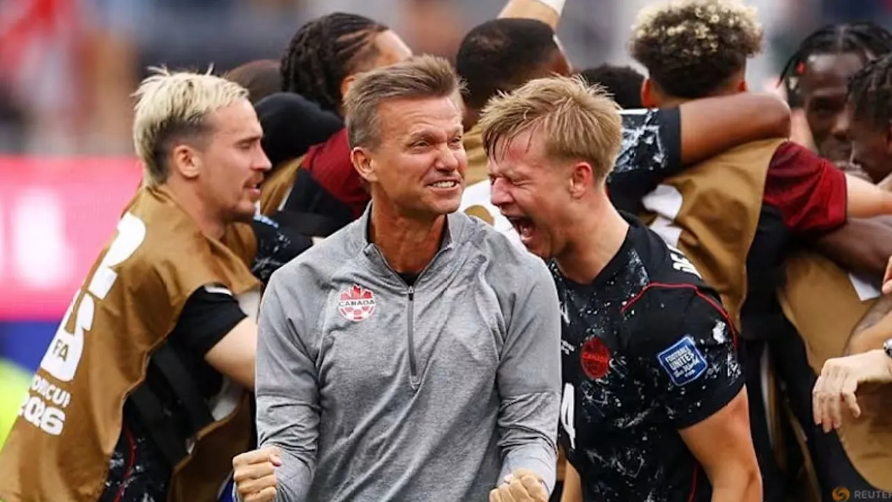 Canada's Stephen Eustaquio celebrates scoring their first goal with teammates as coach Jesse Marsch reacts during the last-32 World Cup clash with South Africa at Los Angeles Stadium on Jun 28, 2026. (Photo: REUTERS/Matthew Childs)