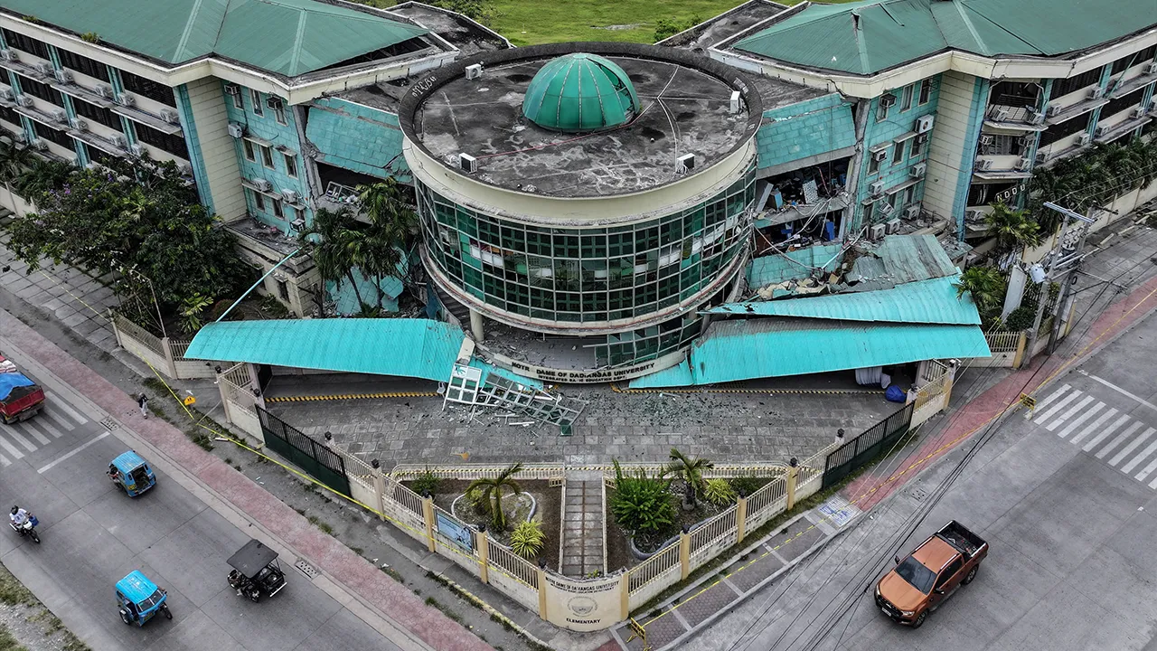 A drone view shows the damaged Notre Dame of Dadiangas University following the magnitude 7.8 quake, in General Santos, southern Philippines, June 10, 2026. REUTERS/Adrian Portugal