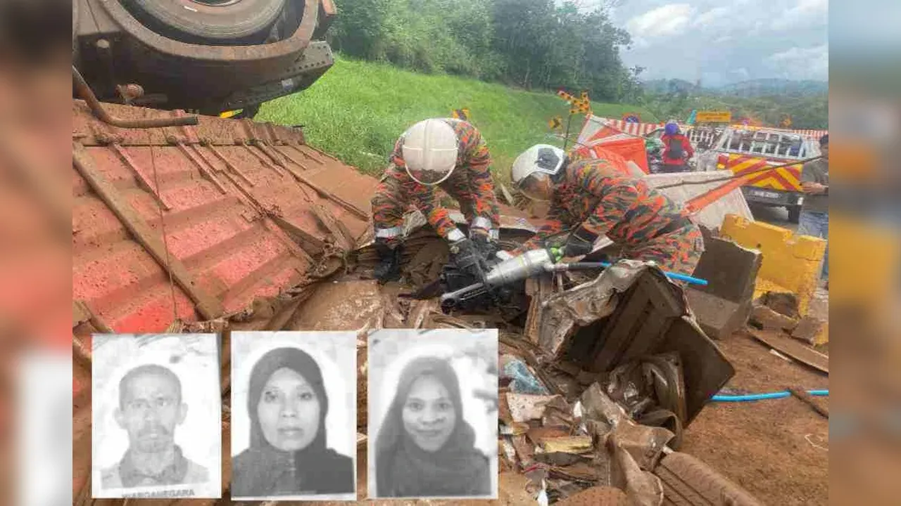 Empat termasuk seorang kanak-kanak perempuan maut selepas kereta dinaiki dihempap treler membawa muatan habuk kayu yang terbalik di KM43, Lebuhraya Kuala Lumpur-Karak (KLK) menghala ke Karak, Bentong pada Ahad. Gambar kecil: Dari kiri, A Halim, Rozita dan Norbahyah._Sinar Harian