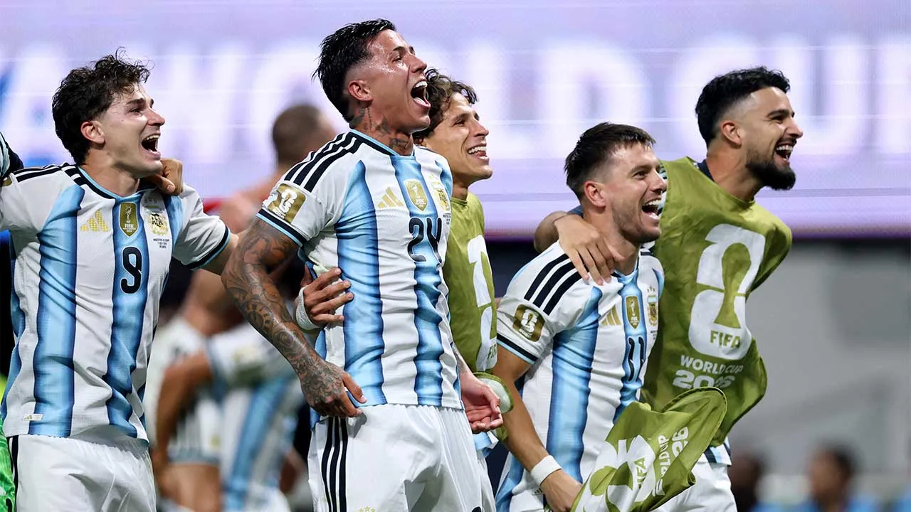 Soccer Football - FIFA World Cup 2026 - Round of 16 - Argentina v Egypt - Atlanta Stadium, Atlanta, Georgia, U.S. - July 7, 2026 Argentina's Giovani Lo Celso, Giuliano Simeone, Julian Alvarez and Enzo Fernandez celebrate after the match as Argentina qualify for the quarter finals of the World Cup IMAGN IMAGES via Reuters/Brett Davis