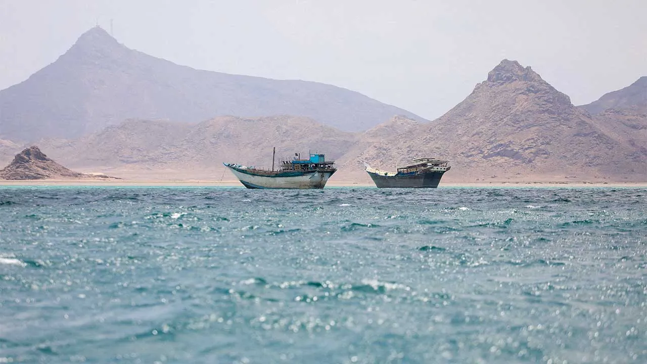 FILE PHOTO: Boats float near the coast of Bab el-Mandeb, Yemen, April 2, 2026. REUTERS/File Photo