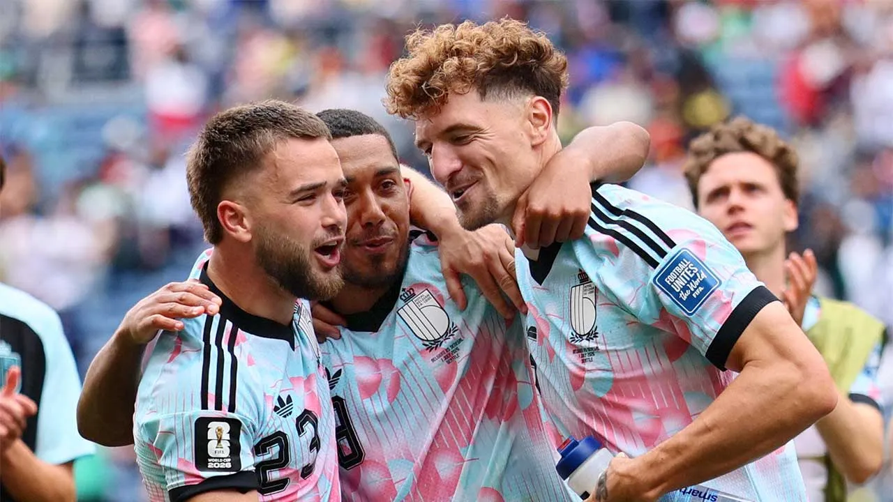 Soccer Football - FIFA World Cup 2026 - Round of 32 - Belgium v Senegal - Seattle Stadium, Seattle, Washington, U.S. - July 1, 2026 Belgium's Nicolas Raskin, Belgium's Youri Tielemans and Belgium's Thomas Meunier celebrate after the match as Belgium qualify for the Round of 16 stage of the World Cup IMAGN IMAGES via Reuters/Blake Dahlin