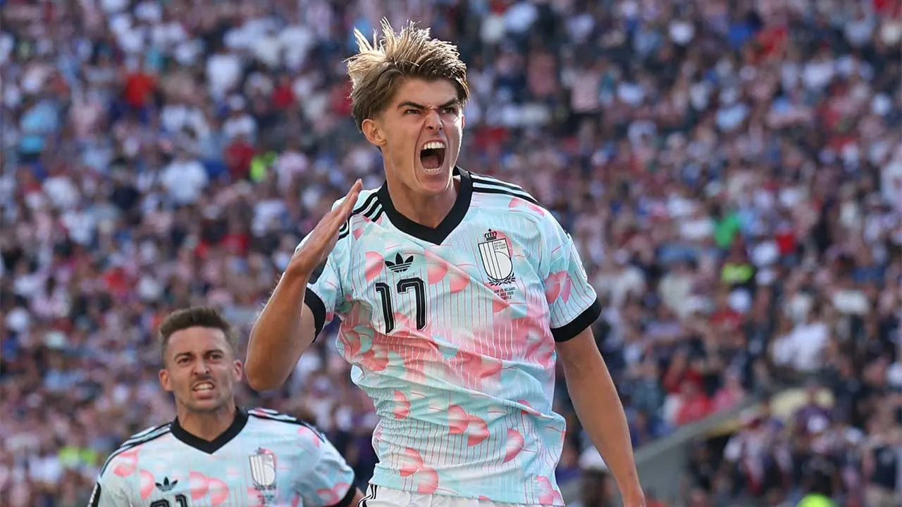 Belgium's Charles De Ketelaere (17) celebrates after scoring his side's opening goal during the World Cup round of 16 soccer match between the United States and Belgium in Seattle, Monday, July 6, 2026. (AP Photo/Maddy Grassy)